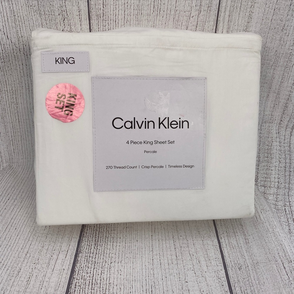 Calvin Klein Sheet Set KING White 270TC Cotton Percale Modern Bedding Minimalist